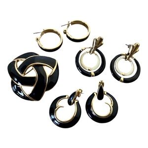Monet And Napier Gold Tone And Black Enamel Pin And 3 Pierced Earring Hoops Lot